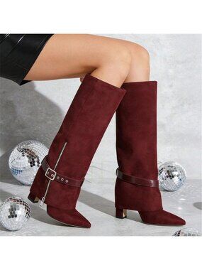 NWT Fold Over  Knee High Boots for Women Chunky High Heels Pointed Toe